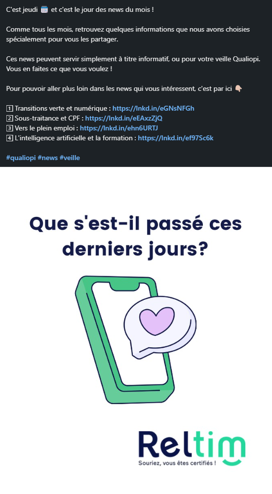 Capture d'écran d'un post RELTIM : les news du mois 2023.<br />
4 informations partagées pour les abonnés à la page RELTIM sur LinkedIn