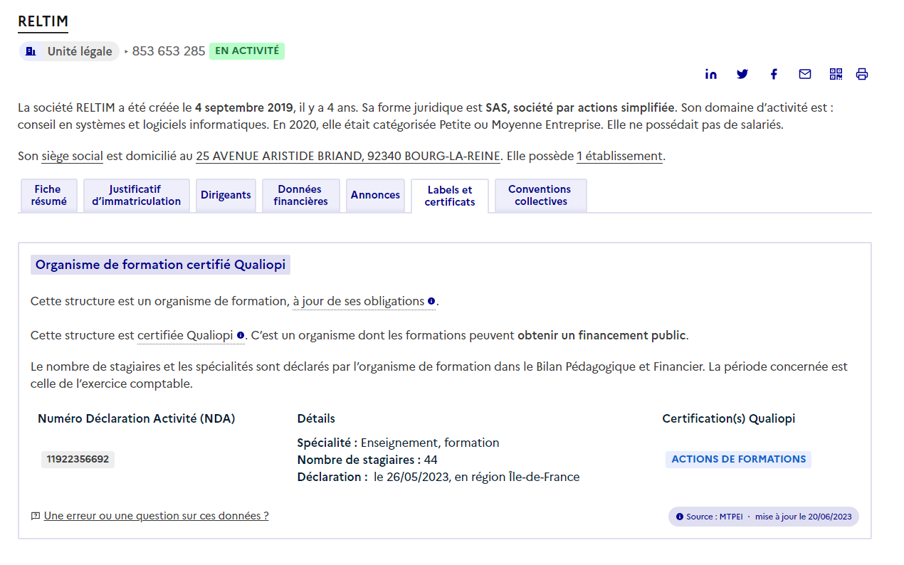 capture du site data gouv pour savoir si un organisme est certififé qualiopi