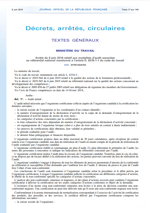 Première page du décret qualiopi