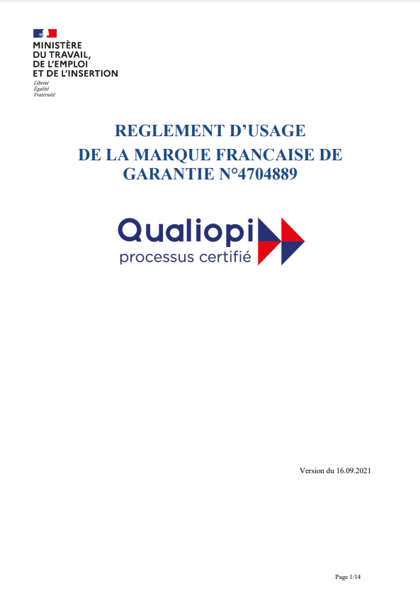 Première page du document Règlement usage Qualiopi