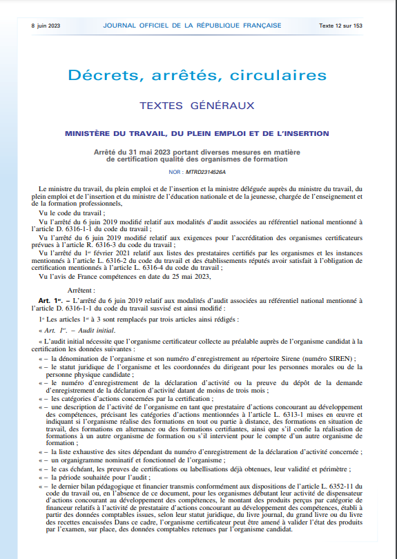 capture de l'arrêté du 31 mai 2023 organisme de formation