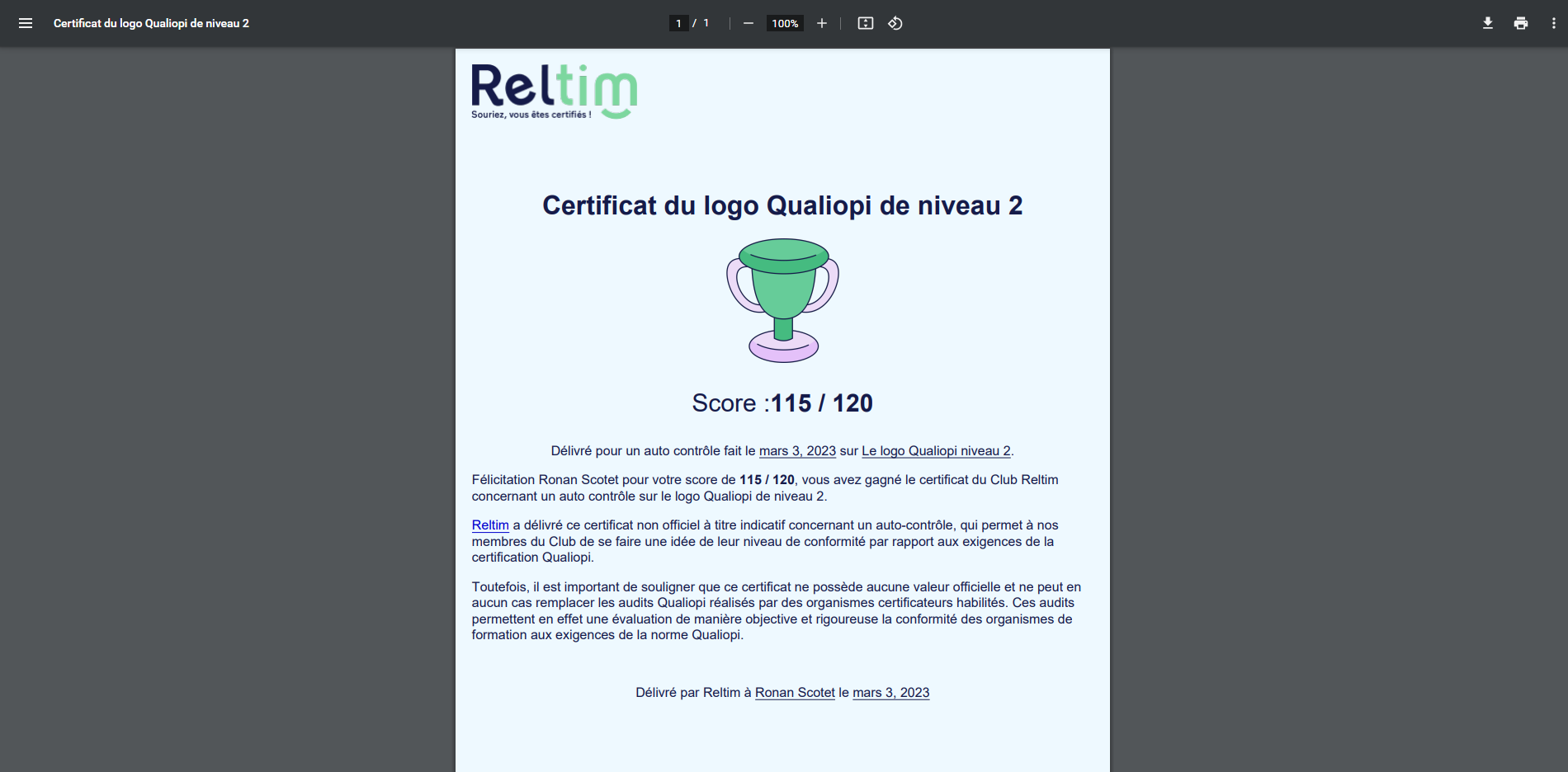 capture d'écran du certificat Reltim